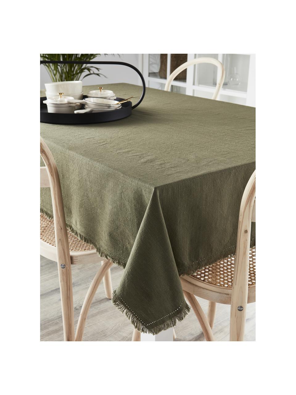 Tovaglia con frange verde oliva Henley, 100% cotone, Verde oliva, Per 4-6 persone (Larg.145 x Lung. 200 cm)