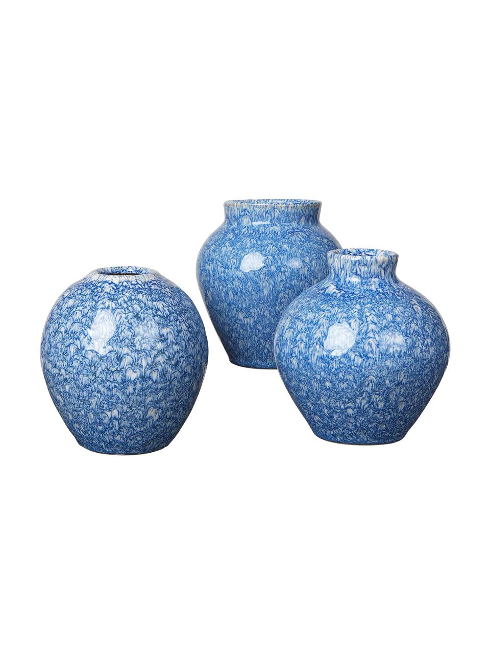 Komplet wazonów z ceramiki Ingrid, 3 elem., Ceramika, Odcienie niebieskiego, Ø 14 x W 15 cm