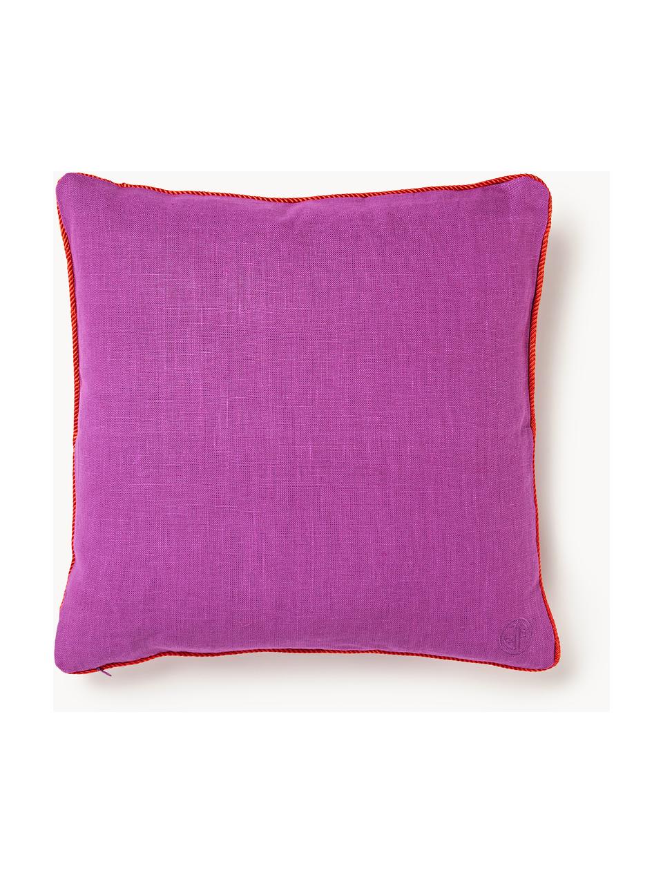 Cuscino decorativo in lino Pompidou, Rivestimento: 100% lino, Decorazione: raso (100 % cotone), Viola, rosso, Larg. 50 x Lung. 50 cm