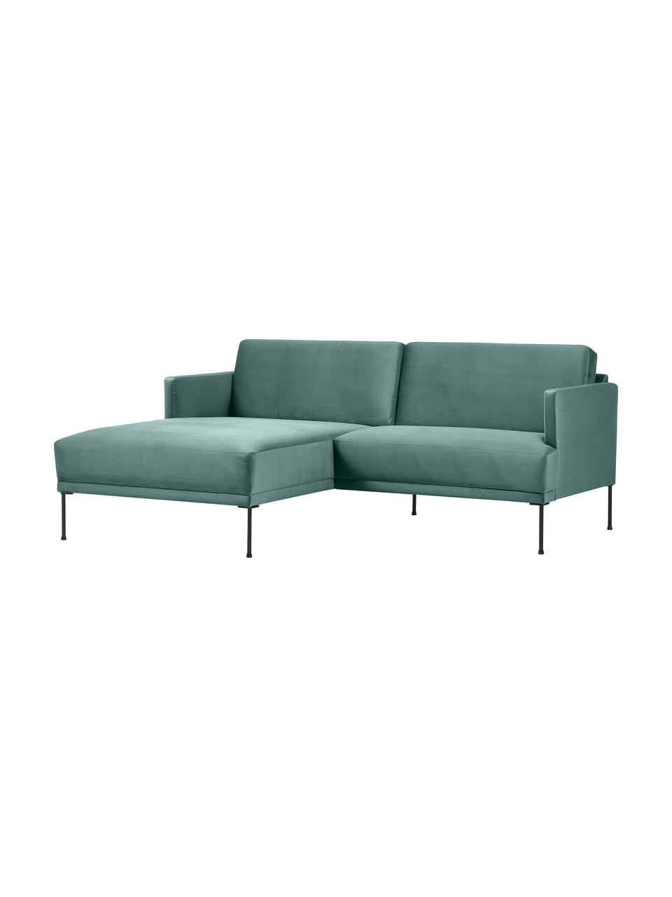Sofa narożna z aksamitu z metalowymi nogami Fluente, Tapicerka: aksamit (100% poliester) , Stelaż: lite drewno sosnowe z cer, Nogi: metal malowany proszkowo, Jasnozielony aksamit, S 198 x G 152 cm, lewostronna