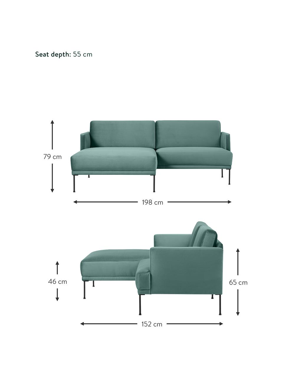 Sofá rinconera pequeño de terciopelo Fluente, Tapizado: terciopelo (100% poliéste, Estructura: madera de pino maciza con, Patas: metal con pintura en polv, Terciopelo verde claro, An 198 x F 152 cm, chaise longue izquierda