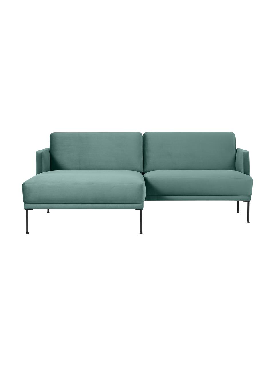 Kleine fluwelen hoekbank Fluente met metalen poten, Bekleding: fluweel (100% polyester) , Frame: massief grenen, FSC-gecer, Poten: metaal, gepoedercoat, Fluweel lichtgroen, B 198 x D 152 cm, hoekdeel links