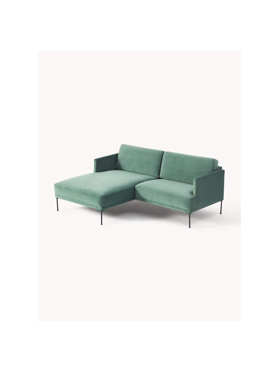 Sofa narożna z aksamitu Fluente, Tapicerka: aksamit (100% poliester) , Stelaż: lite drewno sosnowe z cer, Nogi: metal malowany proszkowo, Petrol aksamit, S 198 x G 152 cm, lewostronna