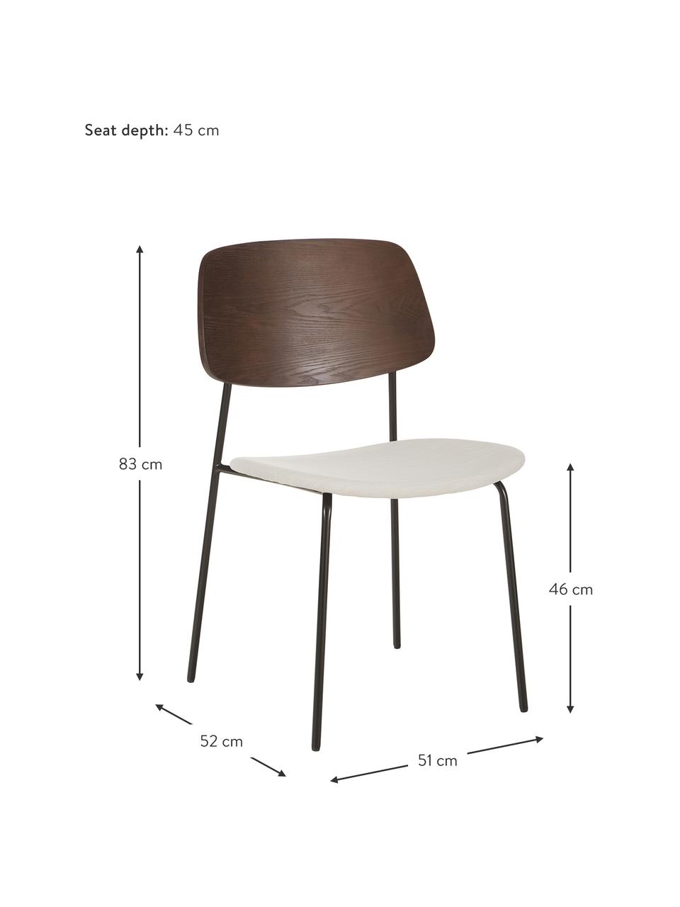 Holzstühle Nadja mit gepolsterter Sitzfläche, 2 Stück, Bezug: Polyester Der strapazierf, Rückenlehne: Sperrholz mit Eschenholzf, Beine: Metall, pulverbeschichtet, Webstoff Cremeweiß, Dunkles Holz, B 51 x T 52 cm