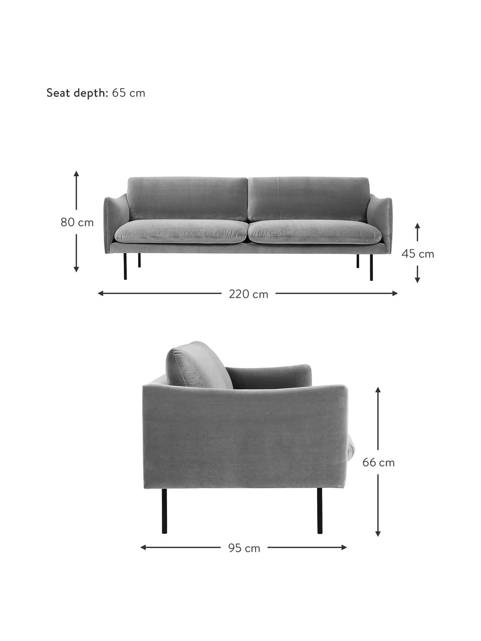 Sametová pohovka s kovovými nohami Moby (3místná), Šedá, Š 220 cm, H 95 cm