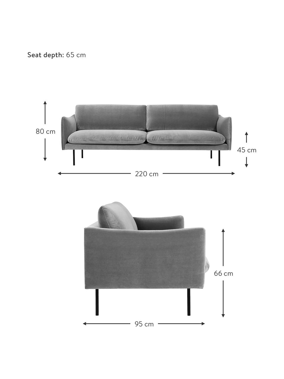 Samt-Sofa Moby (3-Sitzer) in Grau mit Metall-Füssen, Bezug: Samt (Hochwertiger Polyes, Gestell: Massives Kiefernholz, FSC, Samt Grau, B 220 x T 95 cm