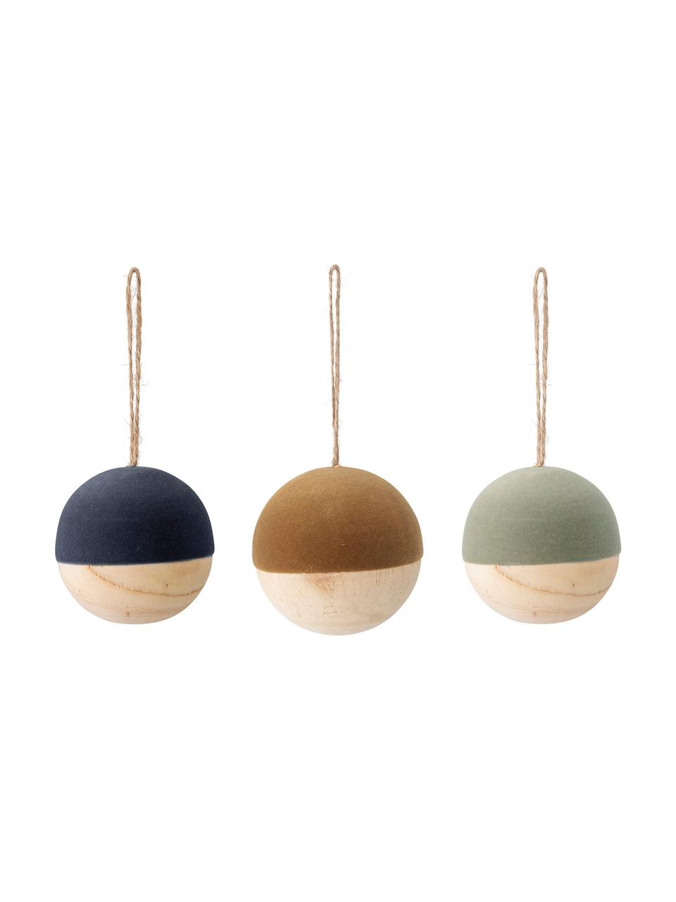 Bolas de Navidad de terciopelo Thace, Ø 7 cm, 3 uds., Madera, terciopelo de poliéster, Azul oscuro, mostaza, verde menta, madera, Ø 7 cm