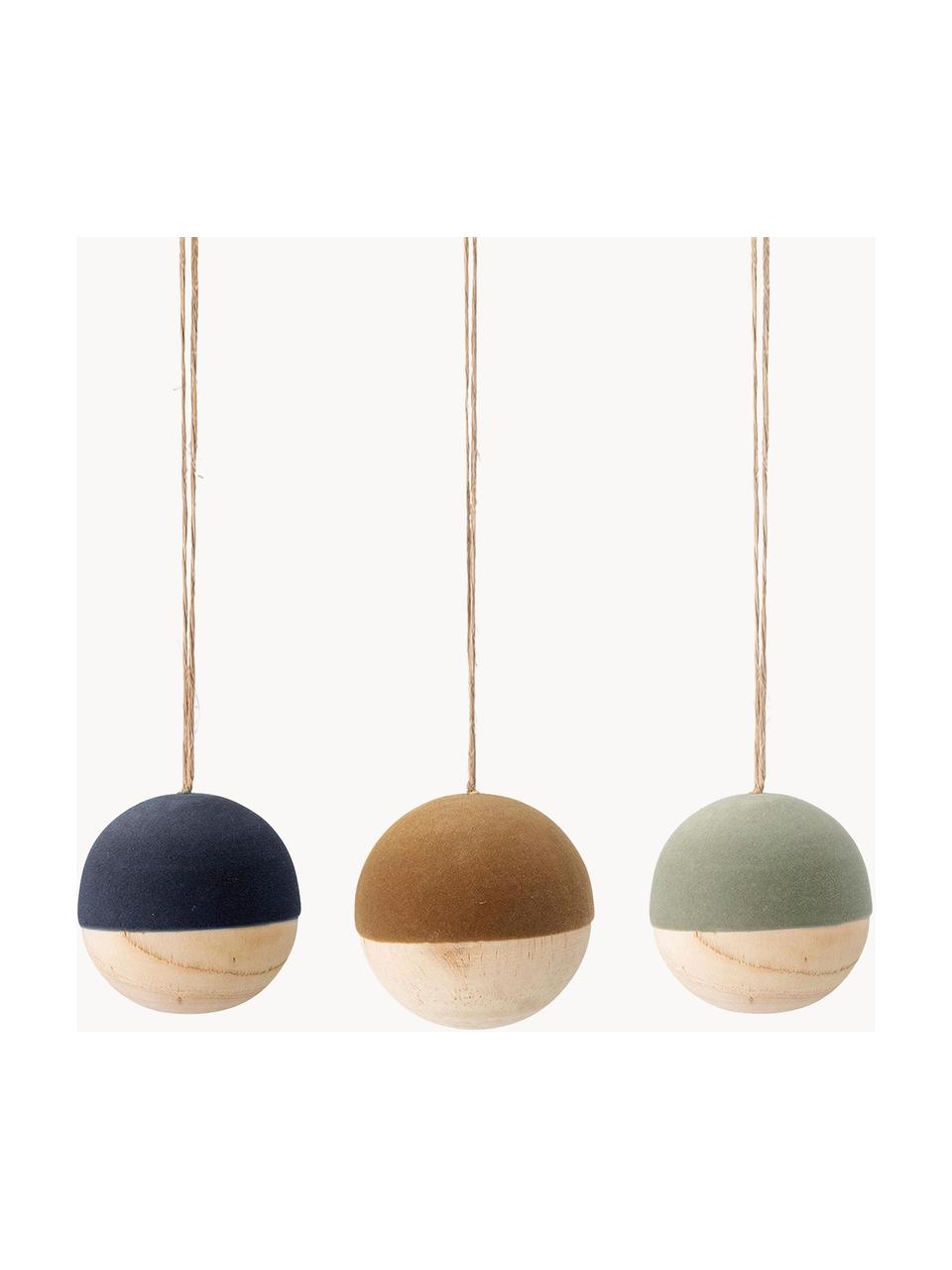 Boule de Noël en velours Thace, Ø 7 cm, 3 élém., Bois, velours de polyester, Bleu foncé, jaune moutarde, vert menthe, bois, Ø 7 cm