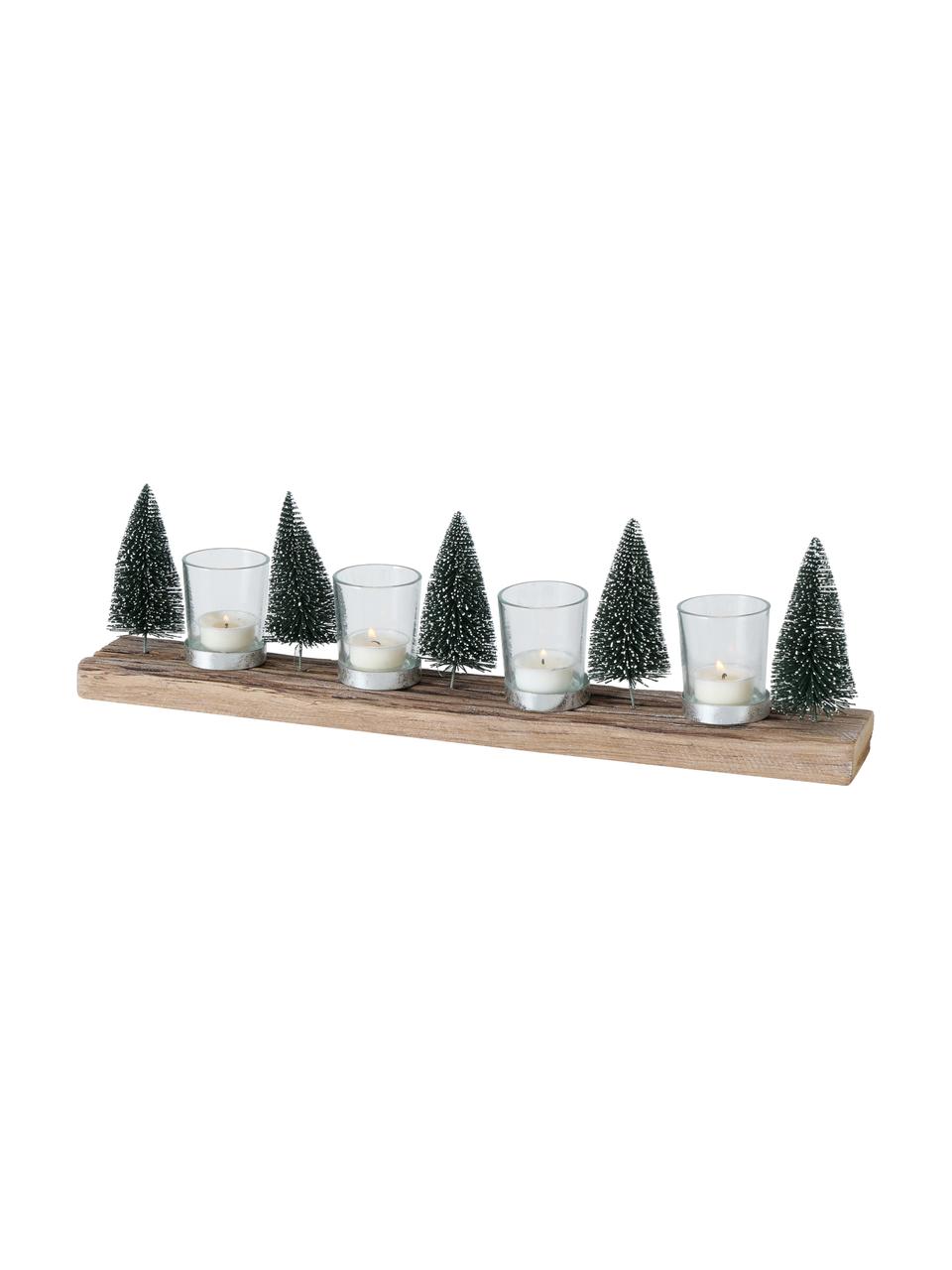 Windlichtenset Tarvino, 5-delig, Voetstuk: hout, Decoratie: kunststof, metaal, Windlicht: glas, Groen, bruin, B 7 cm x H 15 cm