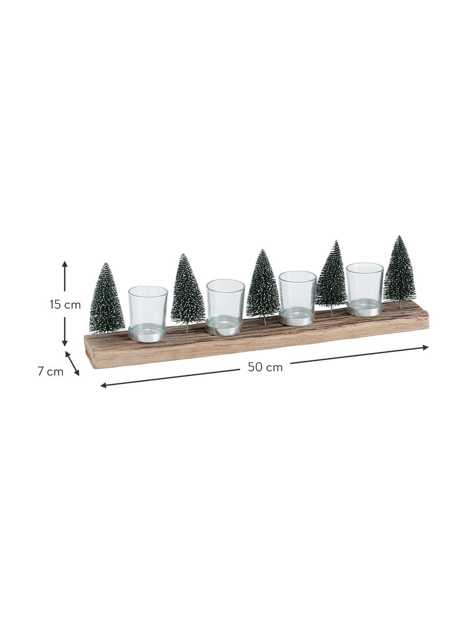 Windlichtenset Tarvino, 5-delig, Voetstuk: hout, Decoratie: kunststof, metaal, Windlicht: glas, Groen, bruin, B 7 cm x H 15 cm