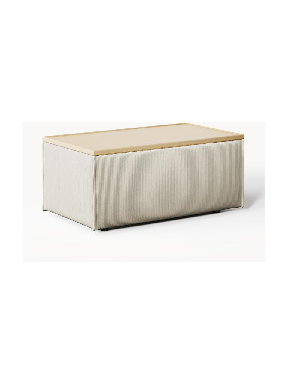 Sofa-Hocker Lennon aus Cord mit Stauraum, Bezug: Cord (92 % Polyester, 8 %, Tablett: Eichenholz, Spannplatte m, Gestell: Spanplatte, mitteldichte , Cord Hellbeige, helles Eichenholz, B 88 x T 50 cm