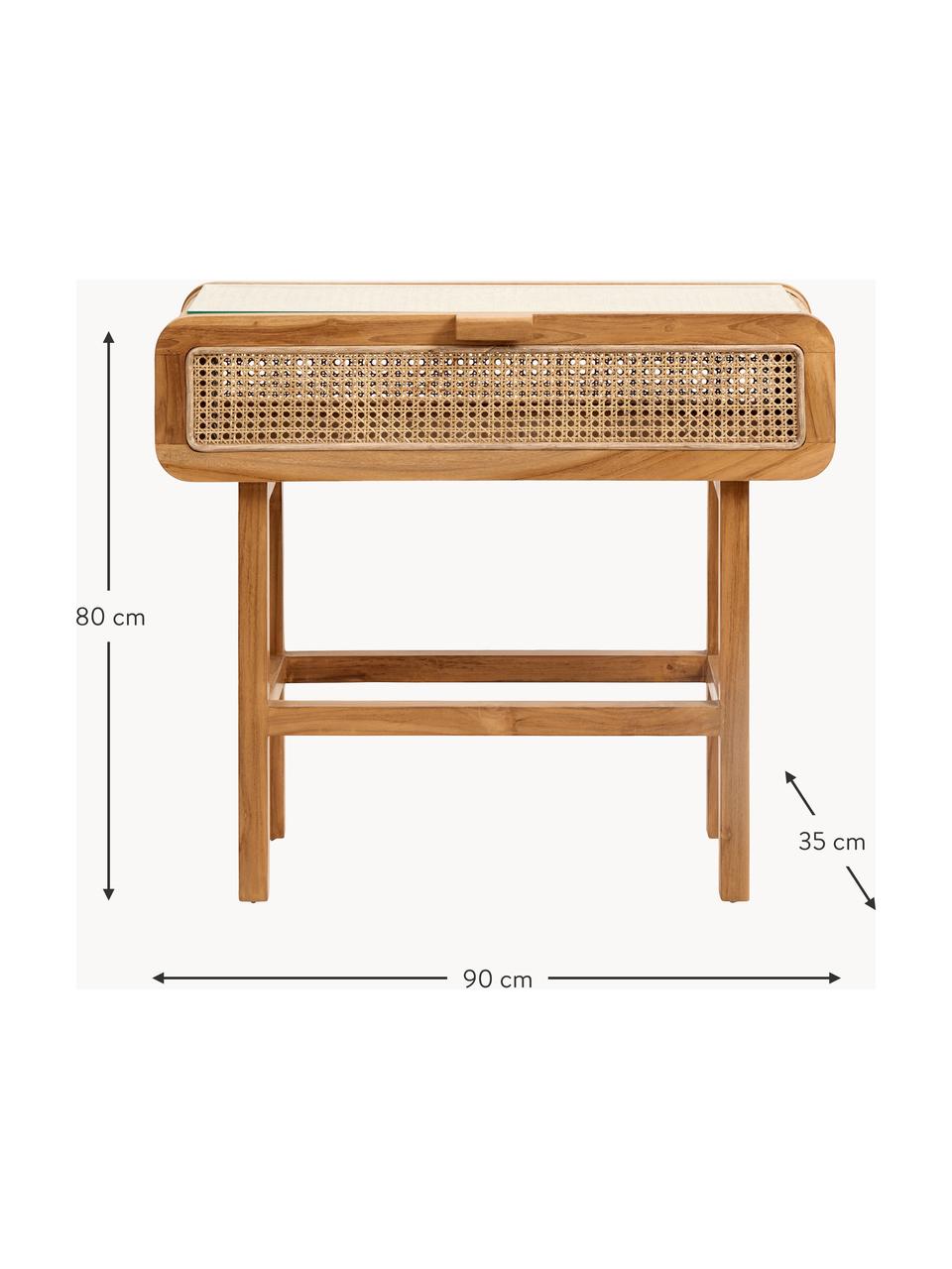 Teakholz-Konsole Aising mit Weidengeflecht und Glasplatte, Korpus: Teakholz, naturbelassen, Front: Weidengeflecht, Teakholz, B 90 x T 35 cm