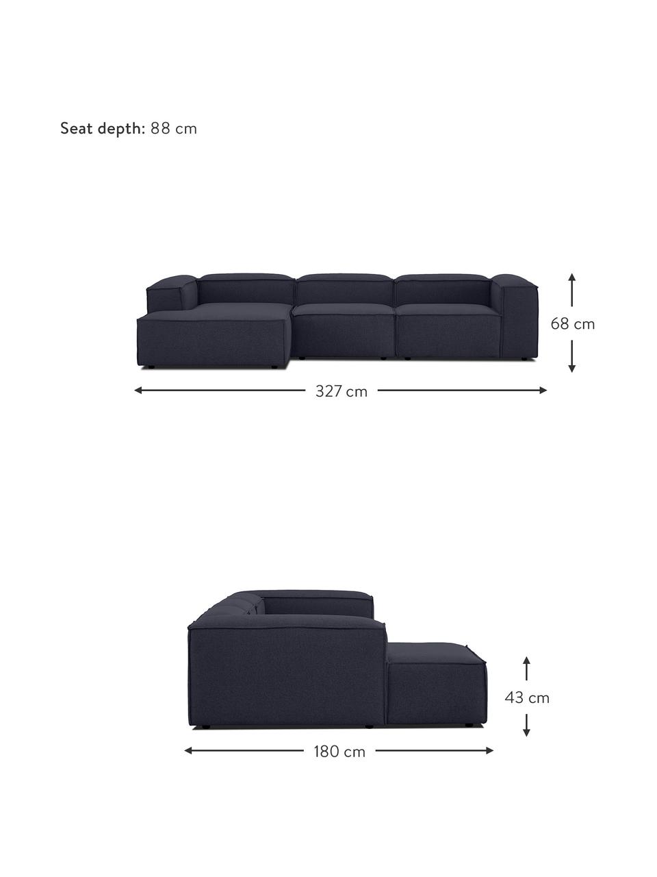 Sofá rinconera modular Lennon, Tapizado: 100% poliéster Alta resis, Estructura: madera de pino maciza, ma, Patas: plástico Las patas están , Tejido azul oscuro, An 327 x F 180 cm, chaise longue izquierda