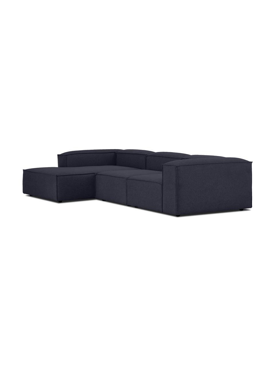 Divano angolare componibile Lennon, Rivestimento: 100% poliestere Con 115.0, Struttura: legno di pino massiccio, , Piedini: plastica, Tessuto blu scuro, Larg. 327 x Prof. 180 cm, chaise-longue a sinistra