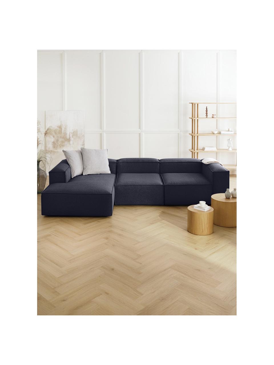 Modulares Ecksofa Lennon, Bezug: 100 % Polyester Der strap, Gestell: Massives Kiefernholz, Spe, Füße: Kunststoff Dieses Produkt, Webstoff Dunkelblau, B 327 x T 180 cm, Eckteil links