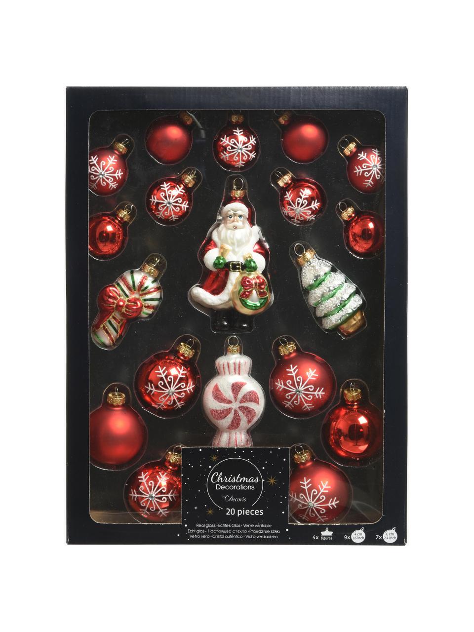 Kerstboomhangers Glitter van glas, set van 20, Glas, Rood, wit, groen, goudkleurig, Set met verschillende formaten