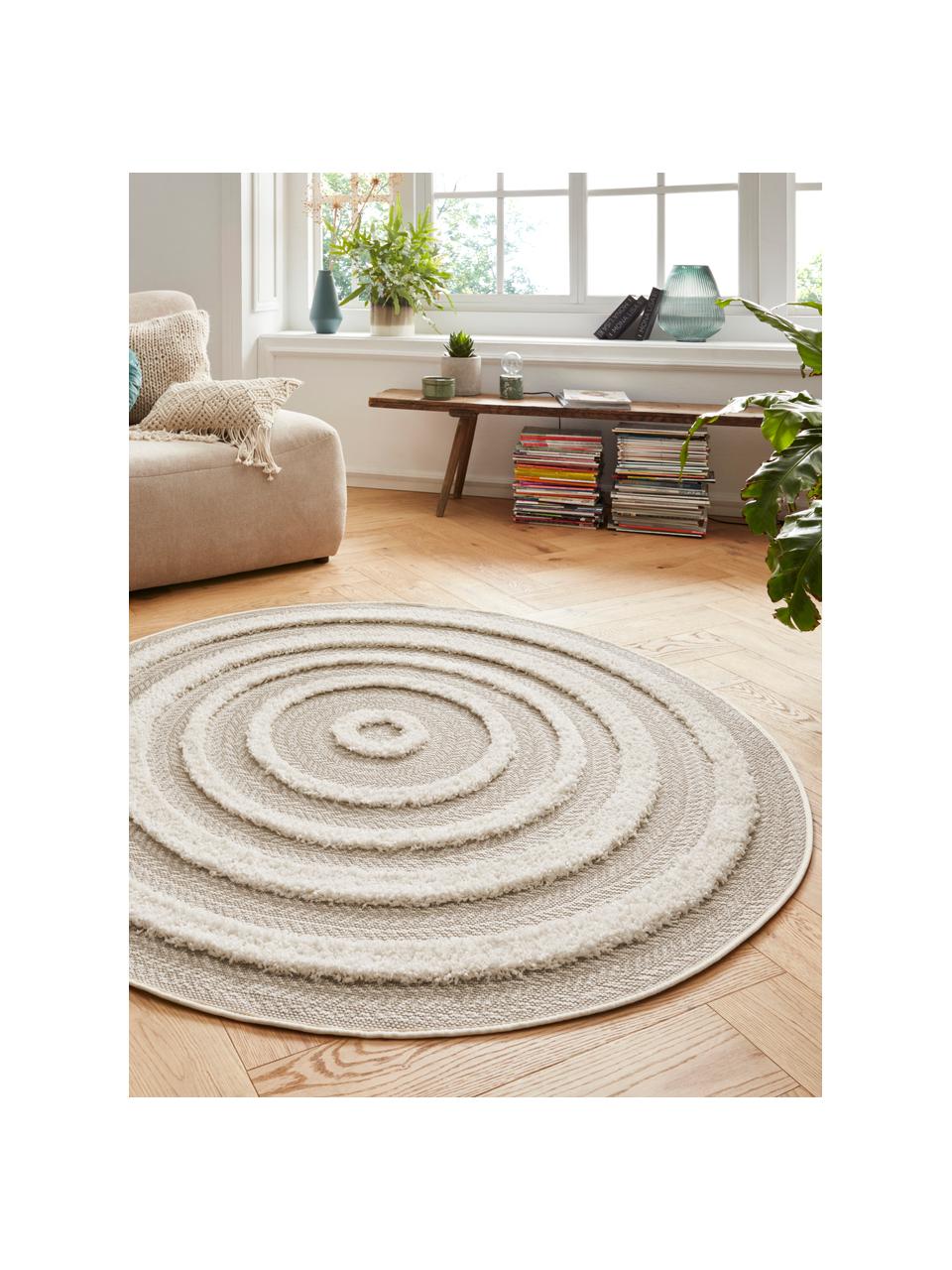 Rond in- & outdoor vloerkleed Nador met hoog-diep effect, 100% polypropyleen, Lichtbeige, crèmewit, Ø 160 cm (maat L)