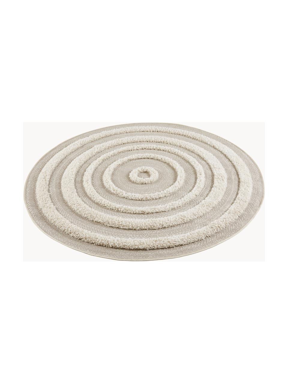 Rond in- & outdoor vloerkleed Nador met hoog-diep effect, 100% polypropyleen, Lichtbeige, crèmewit, Ø 160 cm (maat L)