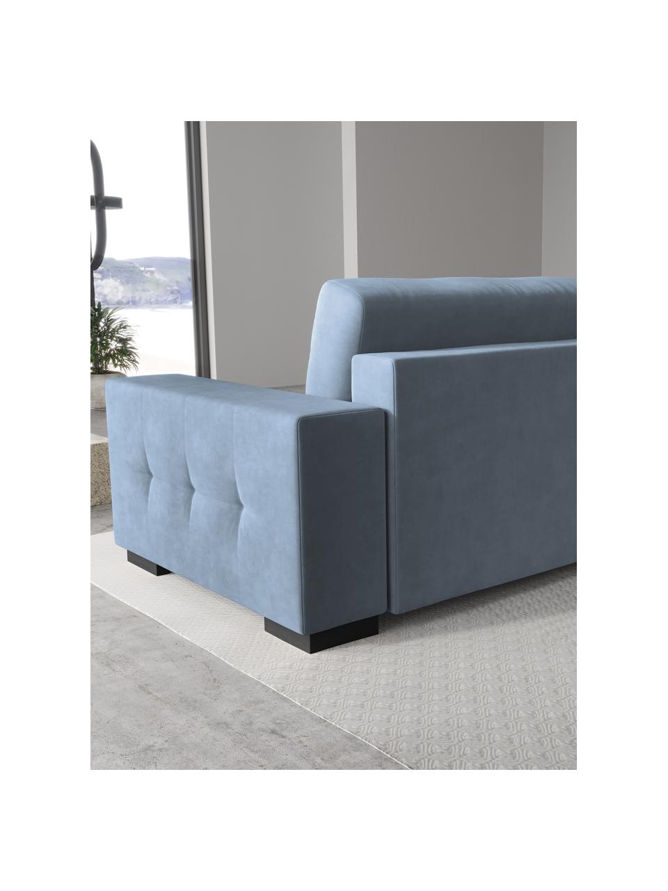 Divano letto 3 posti in velluto azzurro Uvite, Rivestimento: 100% velluto di poliester, Struttura: legno di pino massiccio, , Piedini: legno, Azzurro, Larg. 250 x Prof. 106 cm