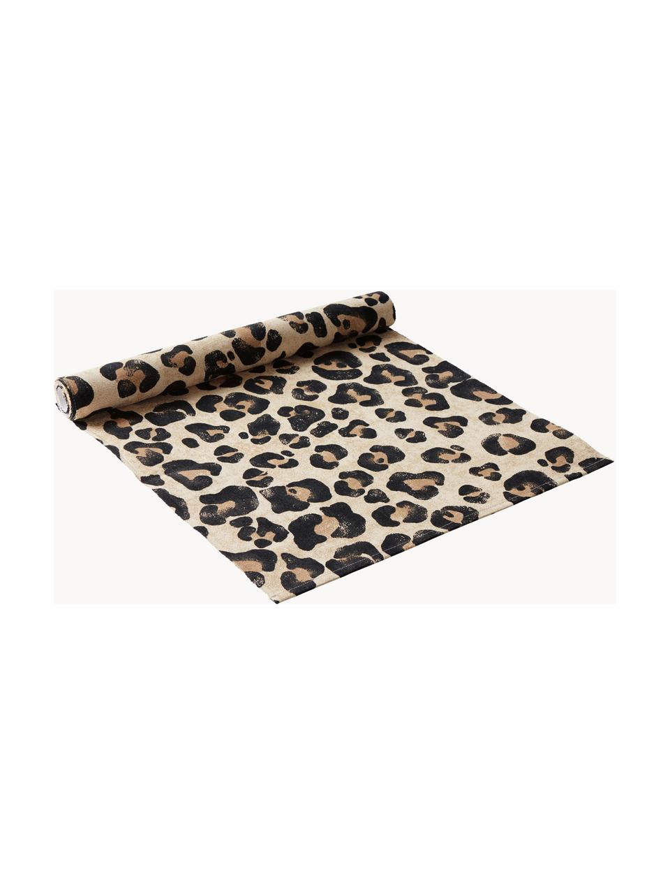 Chemin de table tropical Leo, Coton, Brun clair, noir, larg. 40 x long. 140 cm