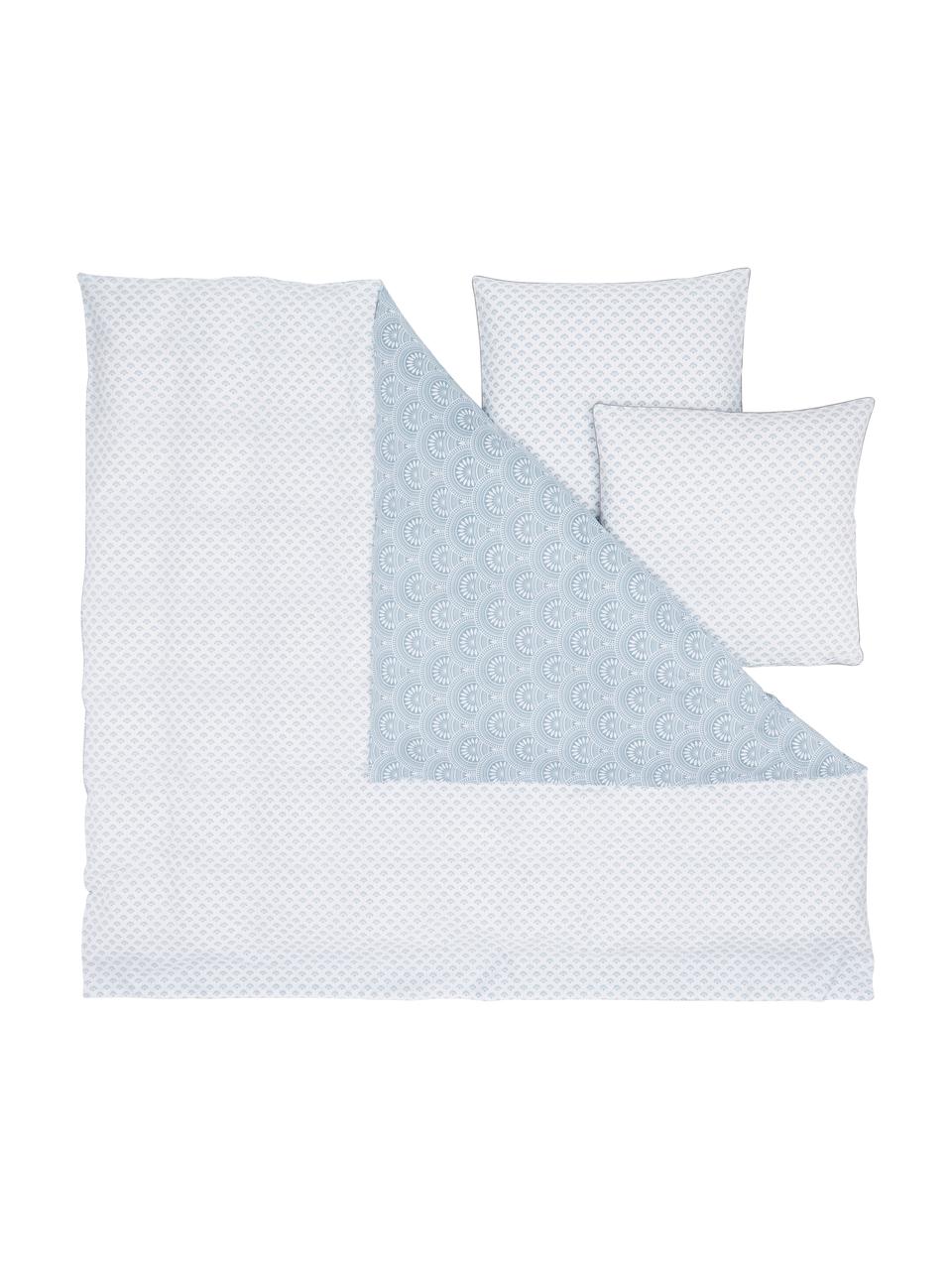 Vzorovaná obojstranná posteľná bielizeň z organickej bavlny Tiara, Modrá, biela, 240 x 220 cm + 2 vankúše 80 x 80 cm