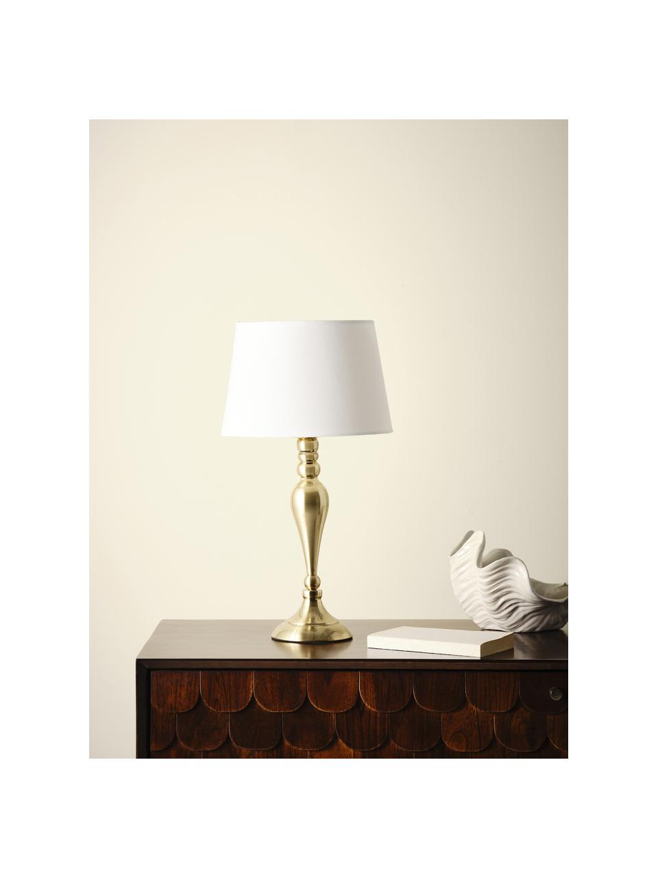 Große Tischlampe Brighton in Messing, Lampenschirm: Baumwolle, Lampenfuß: Metall, lackiert, Weiß, Messingfarben, Ø 25 x H 52 cm