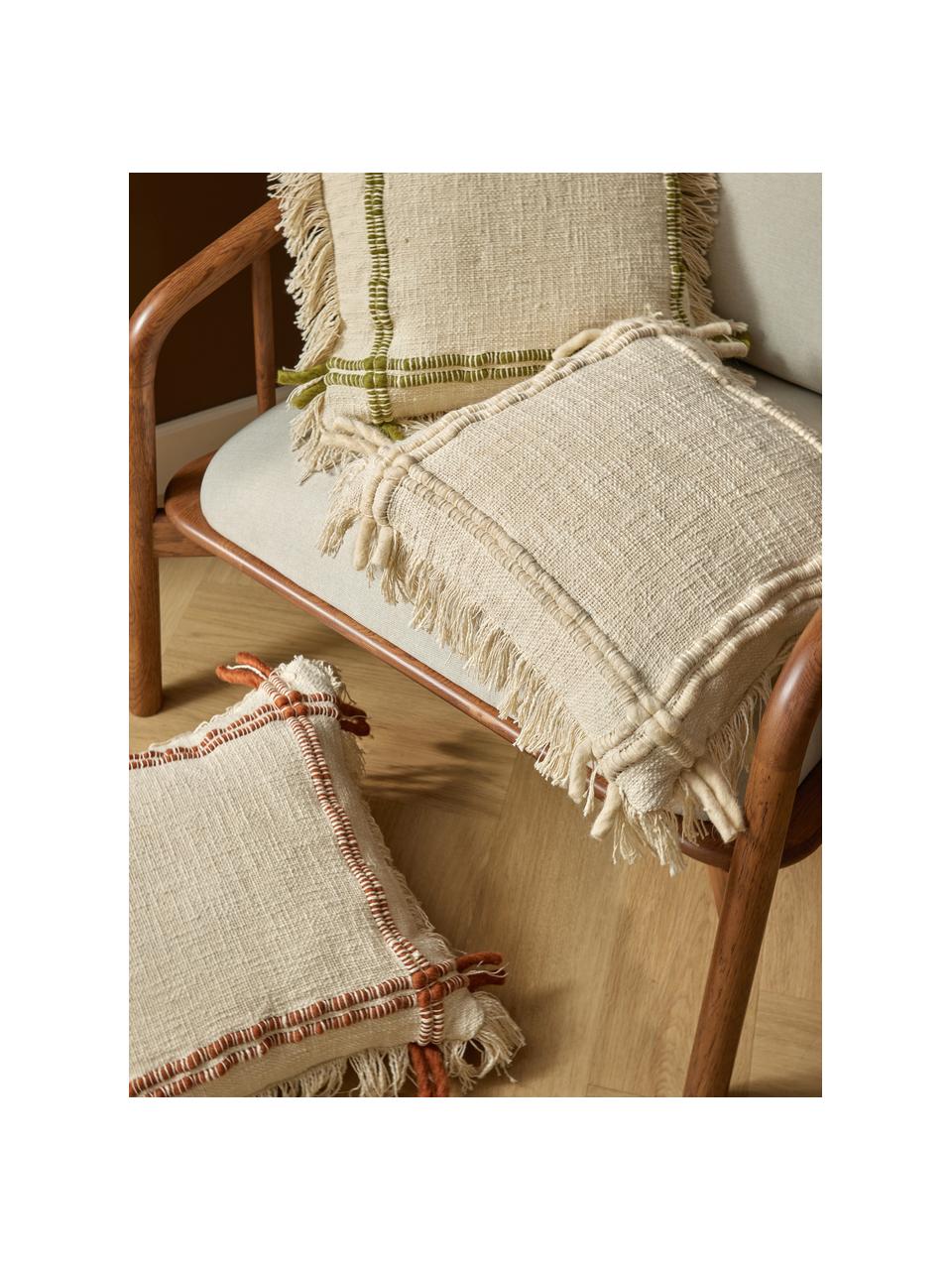 Copricuscino in cotone fatto a mano con frange Catalina, Retro: 100% cotone Il materiale , Beige, kaki, Larg. 45 x Lung. 45 cm