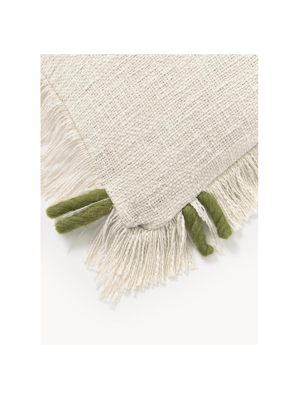 Housse de coussin artisanale 45x45 en coton avec franges Catalina, Beige clair, vert olive, larg. 45 x long. 45 cm