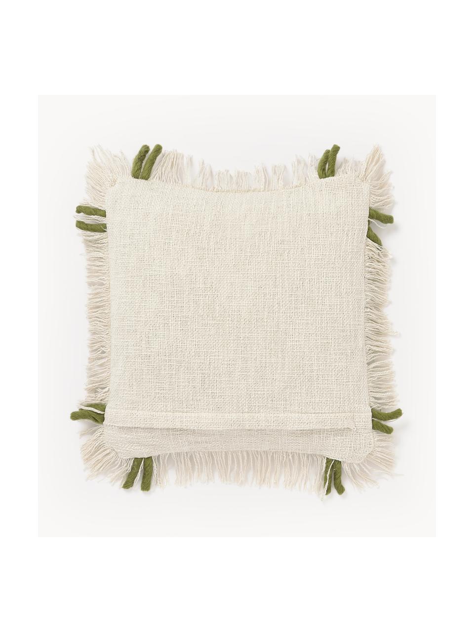 Housse de coussin artisanale 45x45 en coton avec franges Catalina, Beige clair, vert olive, larg. 45 x long. 45 cm