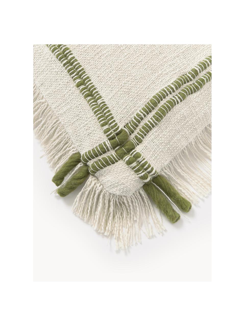 Housse de coussin artisanale en coton avec franges Catalina, Beige clair, vert olive, larg. 45 x long. 45 cm