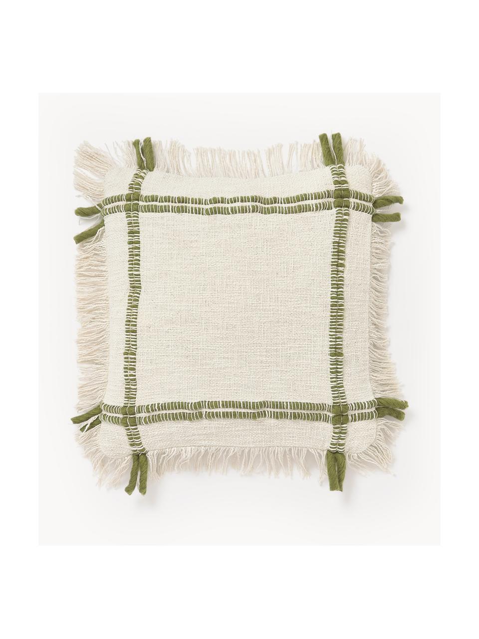 Housse de coussin artisanale 45x45 en coton avec franges Catalina, Beige clair, vert olive, larg. 45 x long. 45 cm
