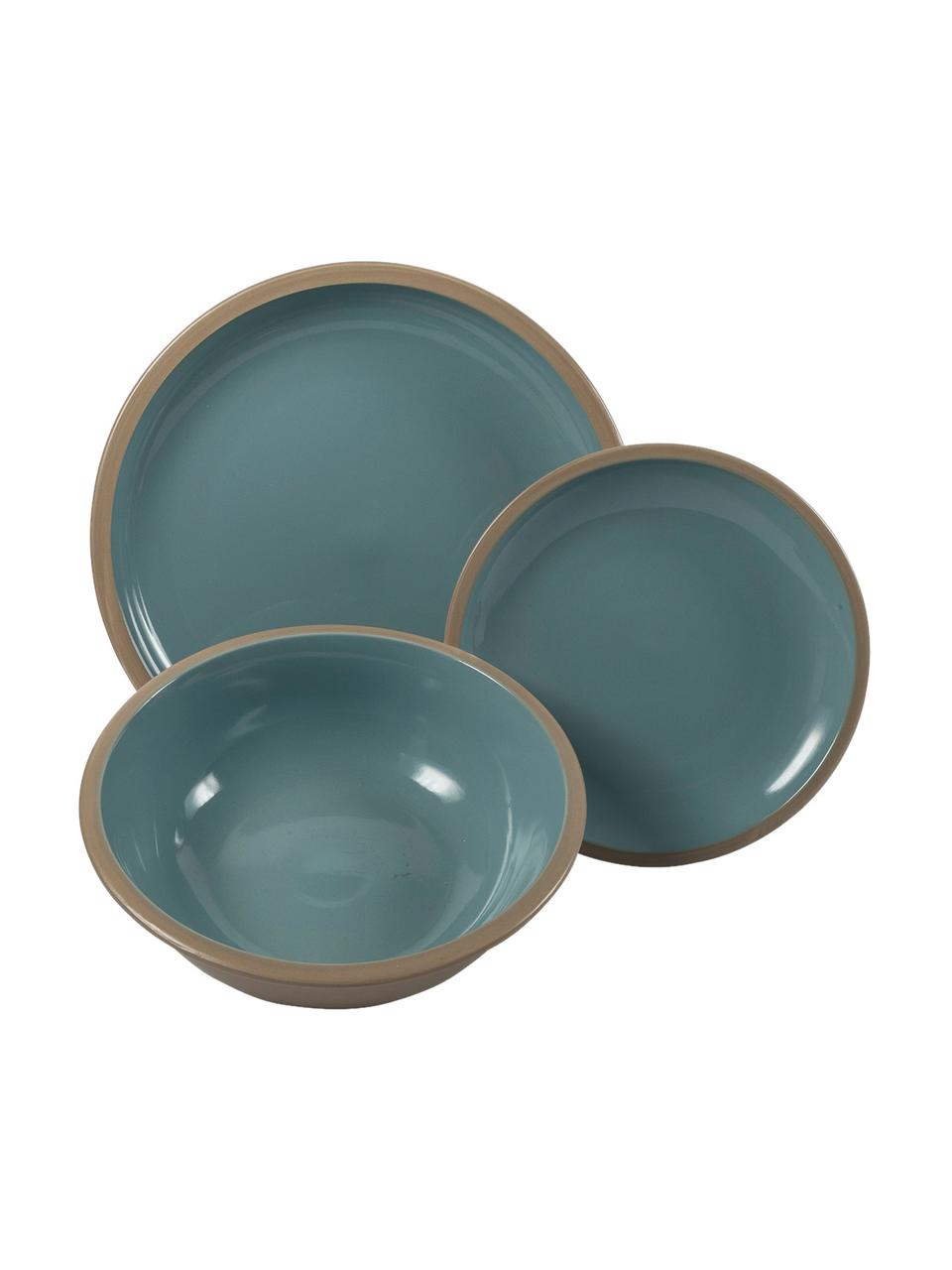 Vajilla Bistrotl, 6 comensales (18 pzas.), Cerámica de gres, Tonos verdes, beige y azules, Set de diferentes tamaños