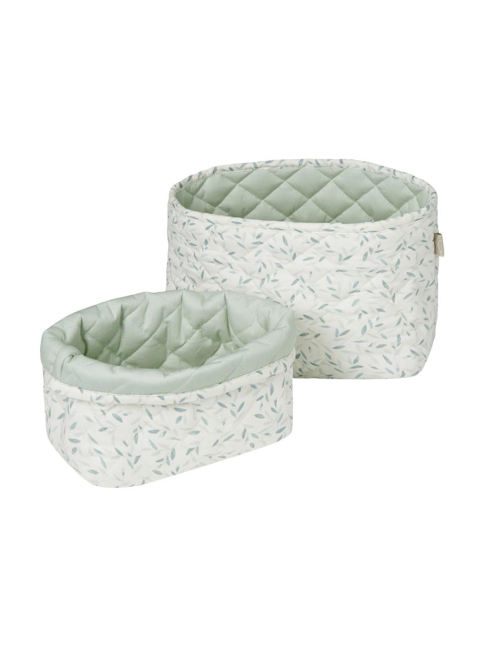 Set de cestas de algodón económico Green Leaves, 2 uds., Funda: 100% algodón ecológico co, Blanco y verde estampado, Set de diferentes tamaños