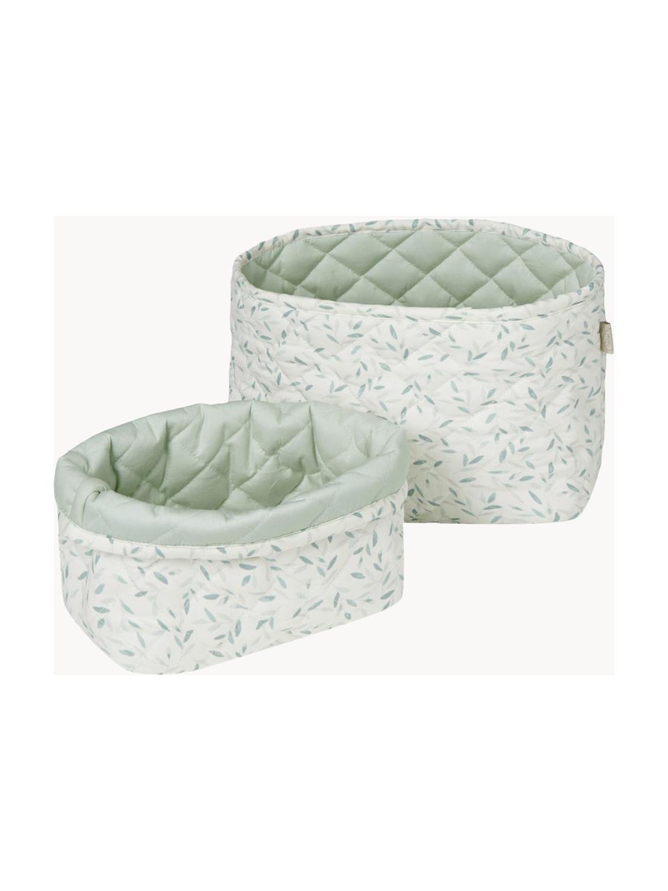 Set di 2 cestini in cotone organico Green Leaves, Rivestimento: 100% cotone organico cert, Bianco, verde menta, Set in varie misure