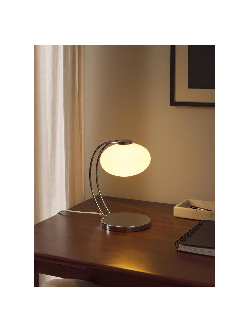 Lámpara de mesa pequeña Fay, Pantalla: vidrio opalino, Estructura: metal recubierto, Cable: cubierto en tela, Cromo, An 15 x Al 25 cm