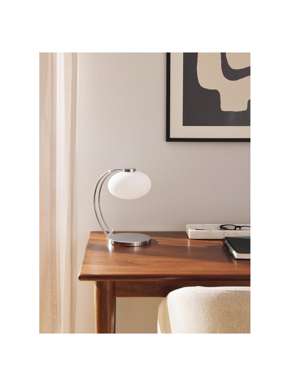 Lampada piccola da tavolo Fay, Paralume: vetro opale, Struttura: metallo rivestito, Cromato, Larg. 15 x Alt. 25 cm