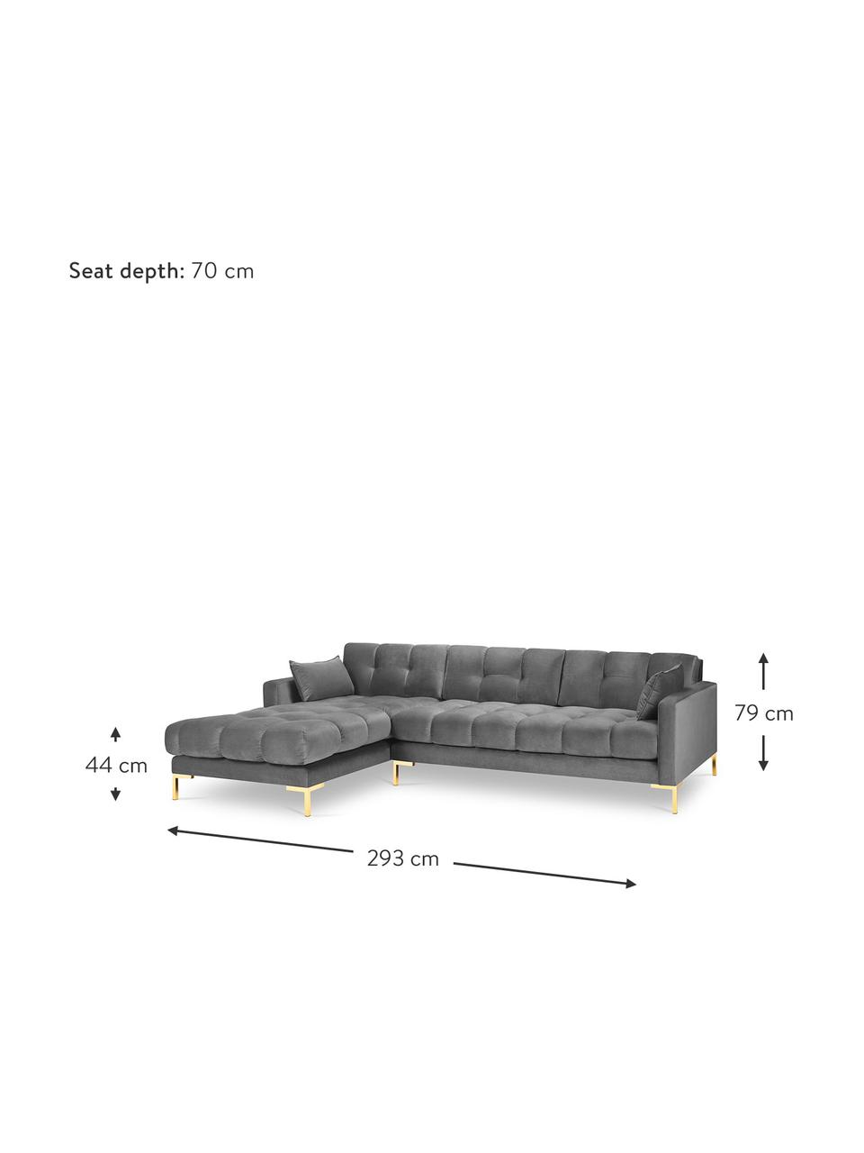 Sofá rinconera de terciopelo Mamaia (5 plazas), Tapizado: 100% terciopelo de poliés, Estructura: madera de pino maciza, ag, Patas: metal revestido, Terciopelo gris claro, An 293 x F 185 cm, chaise longue izquierda