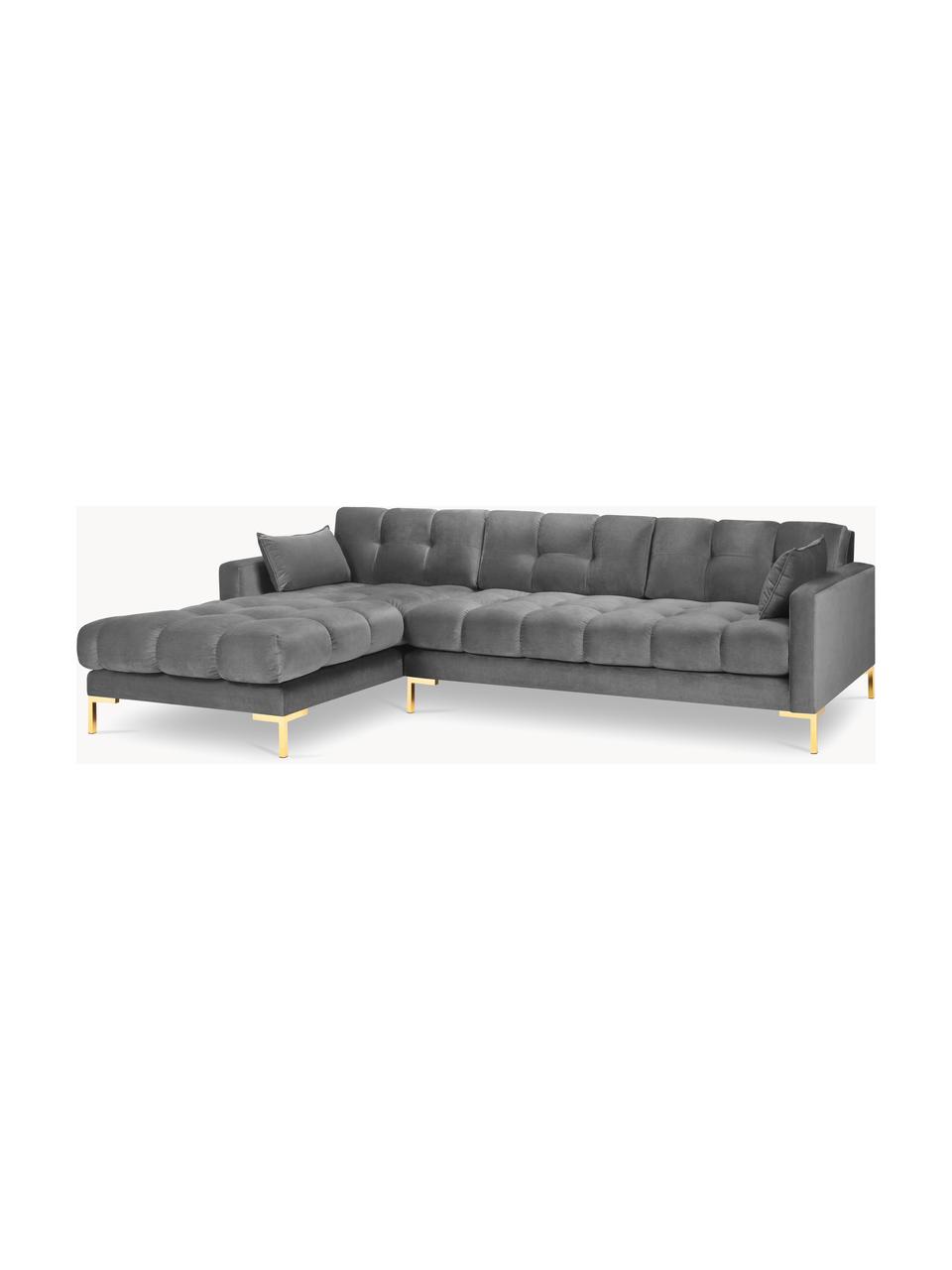 Canapé d'angle 5 places en velours Mamaia, Velours gris clair, larg. 293 x prof. 185 cm, méridienne à gauche