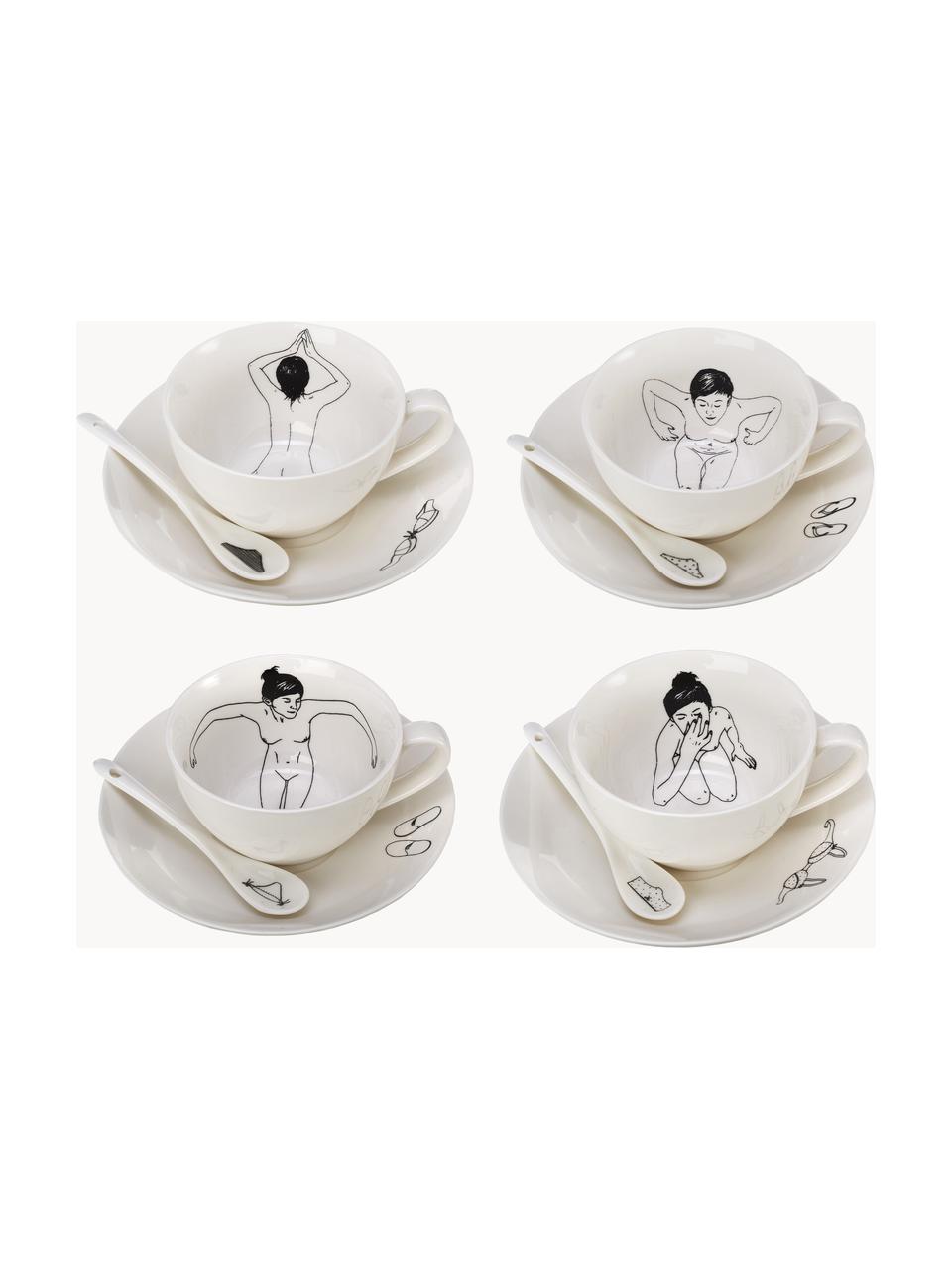 Handbemalte Kaffeetassen Undressed mit Untertassen und Löffeln, 4er-Set, Porzellan, Off White, Ø 10 x H 6 cm, 220 ml