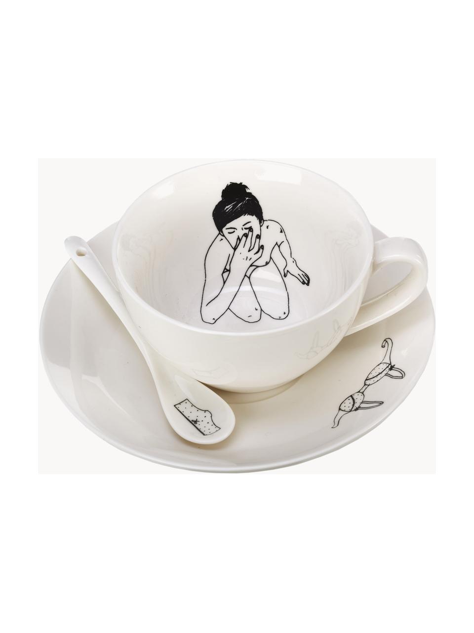 Tasses à café peintes à la main avec sous-tasses et cuillères Undressed, 12 élém., Porcelaine, Blanc cassé, Ø 10 x haut. 6 cm, 220 ml