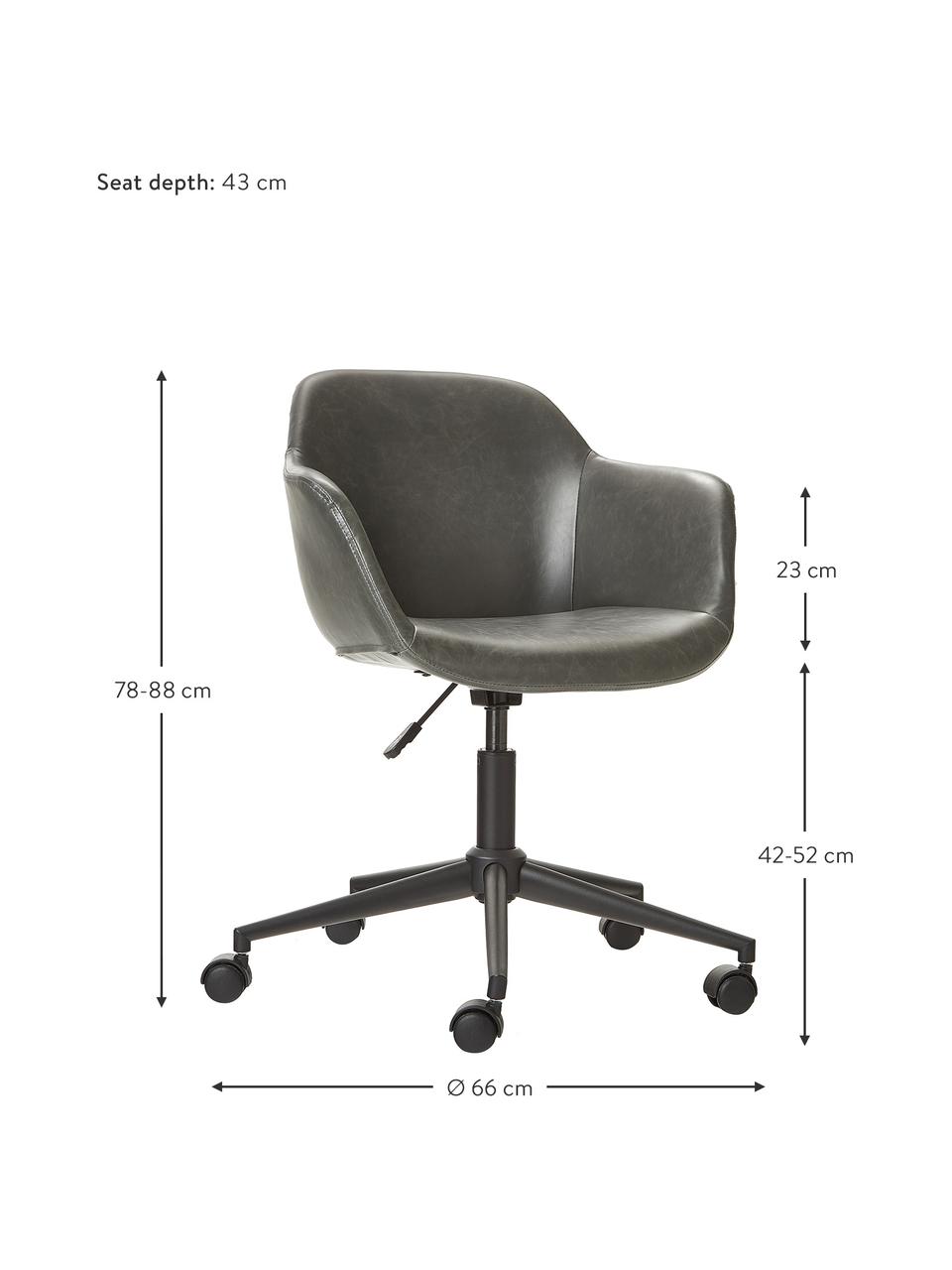 Silla de oficina de cuero sintético Fiji, Tapizado: piel sintética (100% poli, Estructura: metal con pintura en polv, Ruedas: plástico, Cuero sintético gris, An 66 x F 66 cm