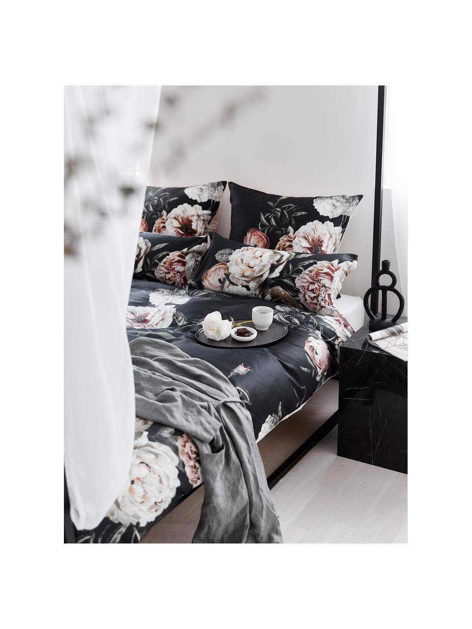 Pościel z satyny bawełnianej Blossom, Wielobarwny, czarny, 135 x 200 cm + 1 poduszka 80 x 80 cm