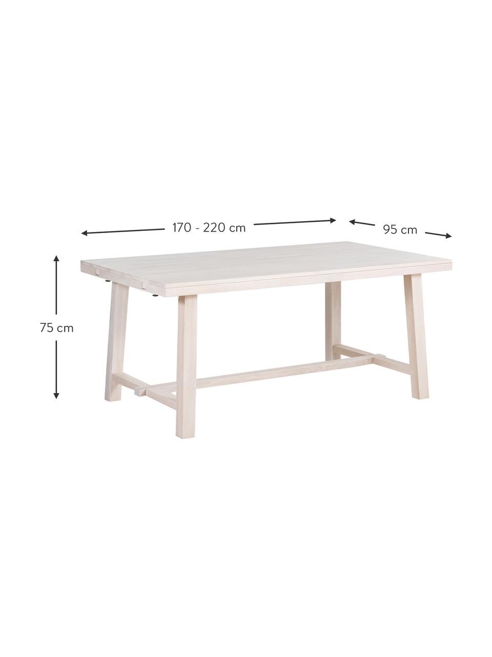 Verlengbare eettafel Brooklyn met massief houten blad, 170 - 220 x 95 cm, Massief, wit gewassen en geolied eikenhout, Eikenhout, wit gewassen, B 170 tot 220 x D 95 cm