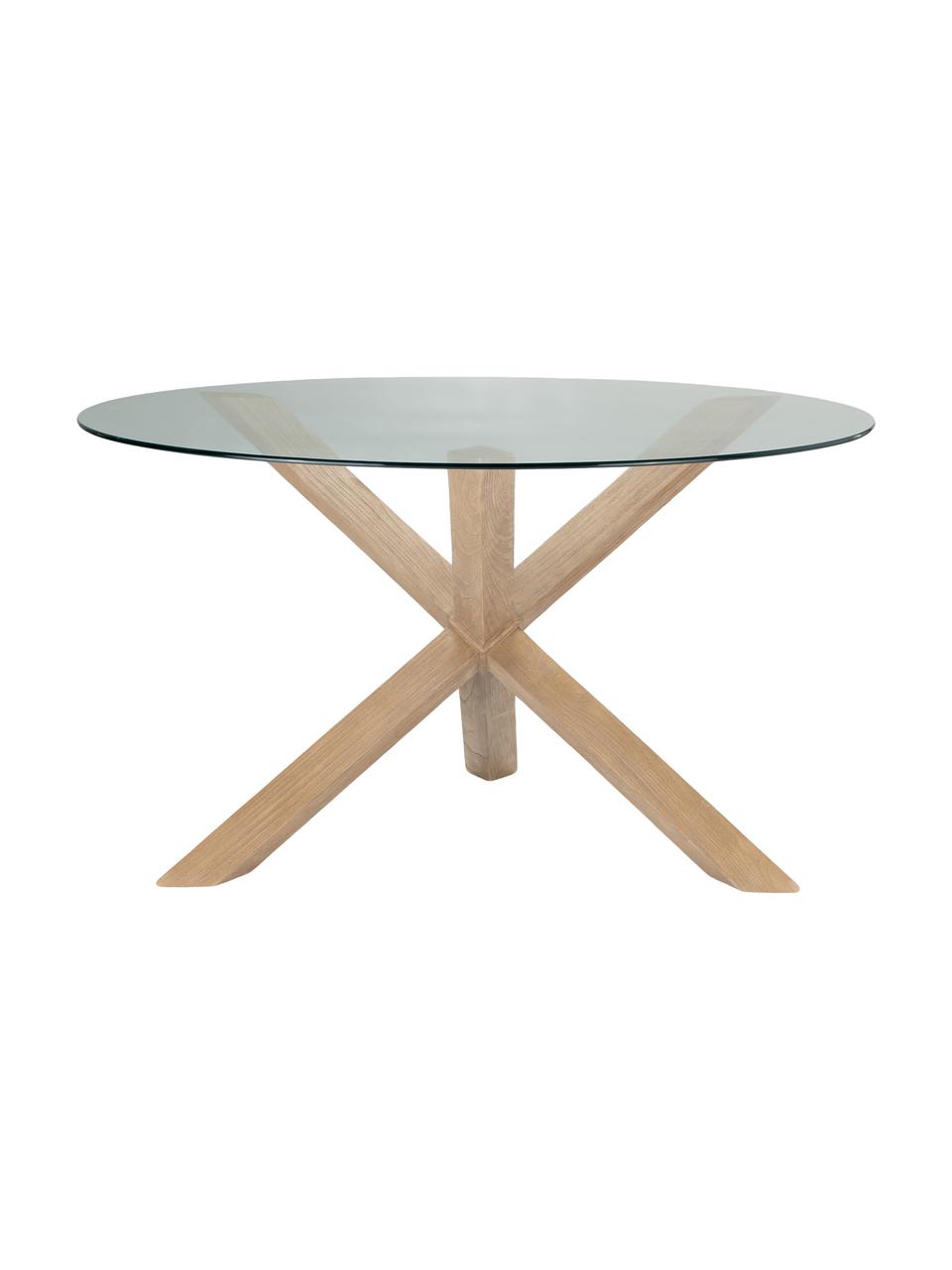 Mesa de comedor redonda Hélice, Patas: madera de roble, Tablero: vidrio templado, Marrón, transparente, Ø 135 x Al  cm