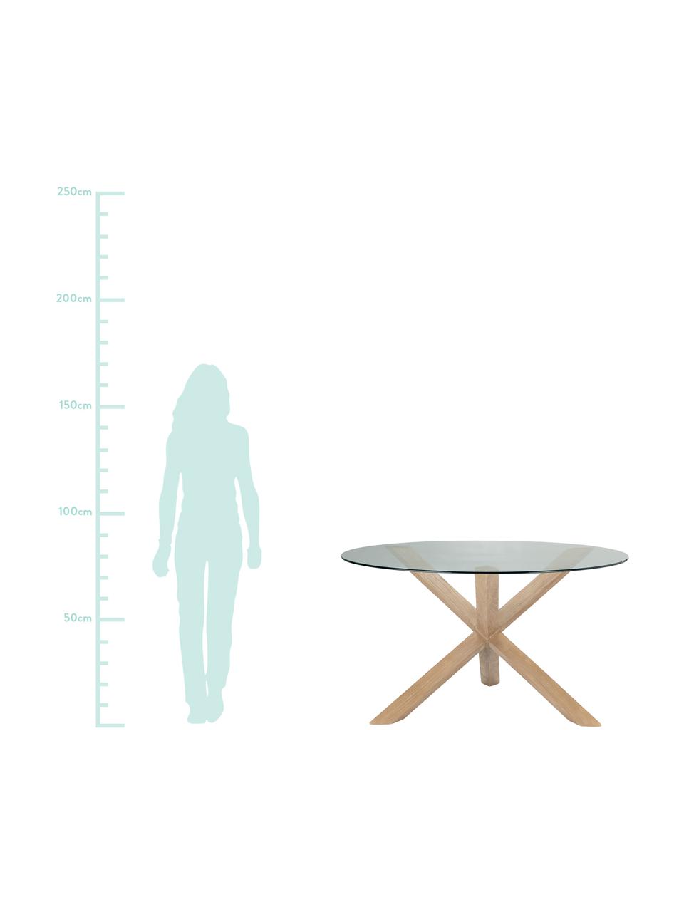 Mesa de comedor redonda Hélice, Patas: madera de roble, Tablero: vidrio templado, Marrón, transparente, Ø 135 x Al  cm