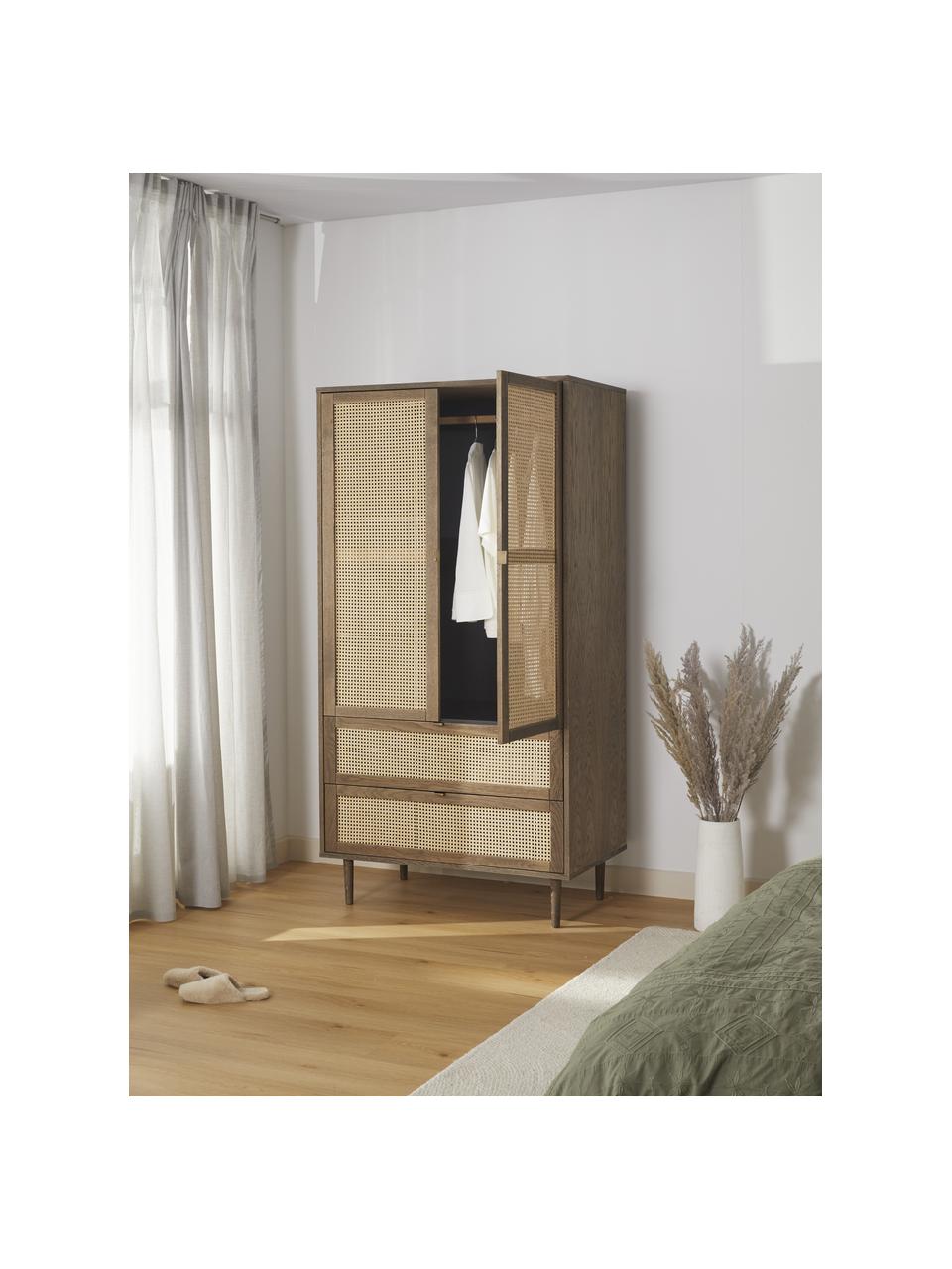 Kleine kledingkast Aries met Weens vlechtwerk, 2 deuren, Frame: spaanplaat met eikenhoutf, Poten: massief eikenhout, Hout, donker gelakt, B 100 x H 194 cm