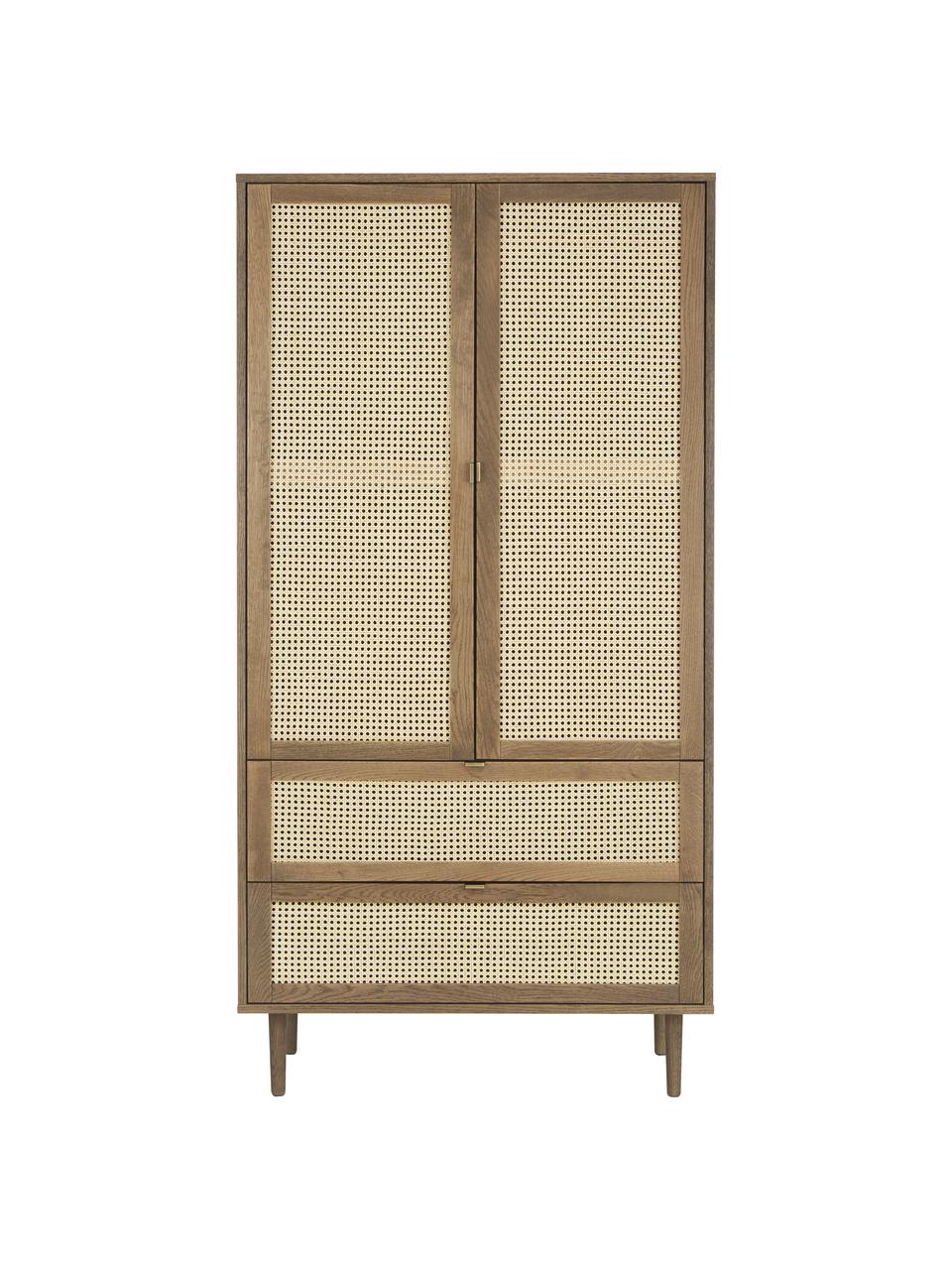 Petite armoire en cannage 2 portes Aries, Bois foncé, larg. 100 x haut. 194 cm
