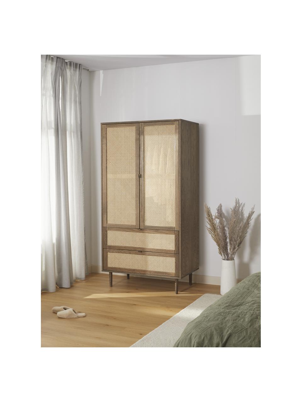 Armadio piccolo a 2 ante con intreccio viennese Aries, Struttura: truciolare con finitura i, Gambe: legno di quercia massicci, Intreccio viennese: canna di zucchero, Legno, scuro laccato, Larg. 100 x Lung. 194 cm