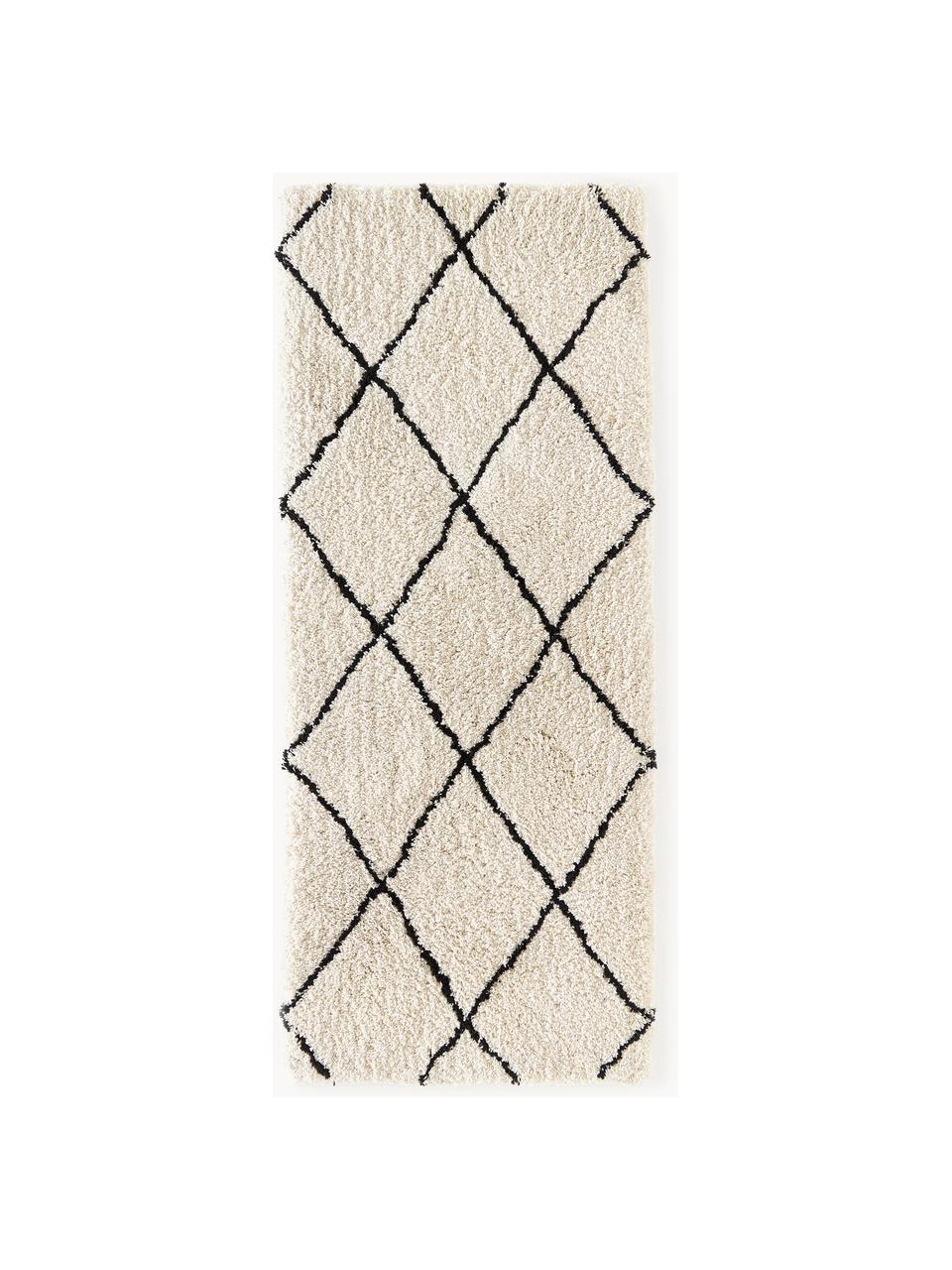 Pluizige hoogpolige loper Naima, handgetuft, Onderzijde: 100% katoen Het materiaal, Beige, zwart, 80 x L 200 cm