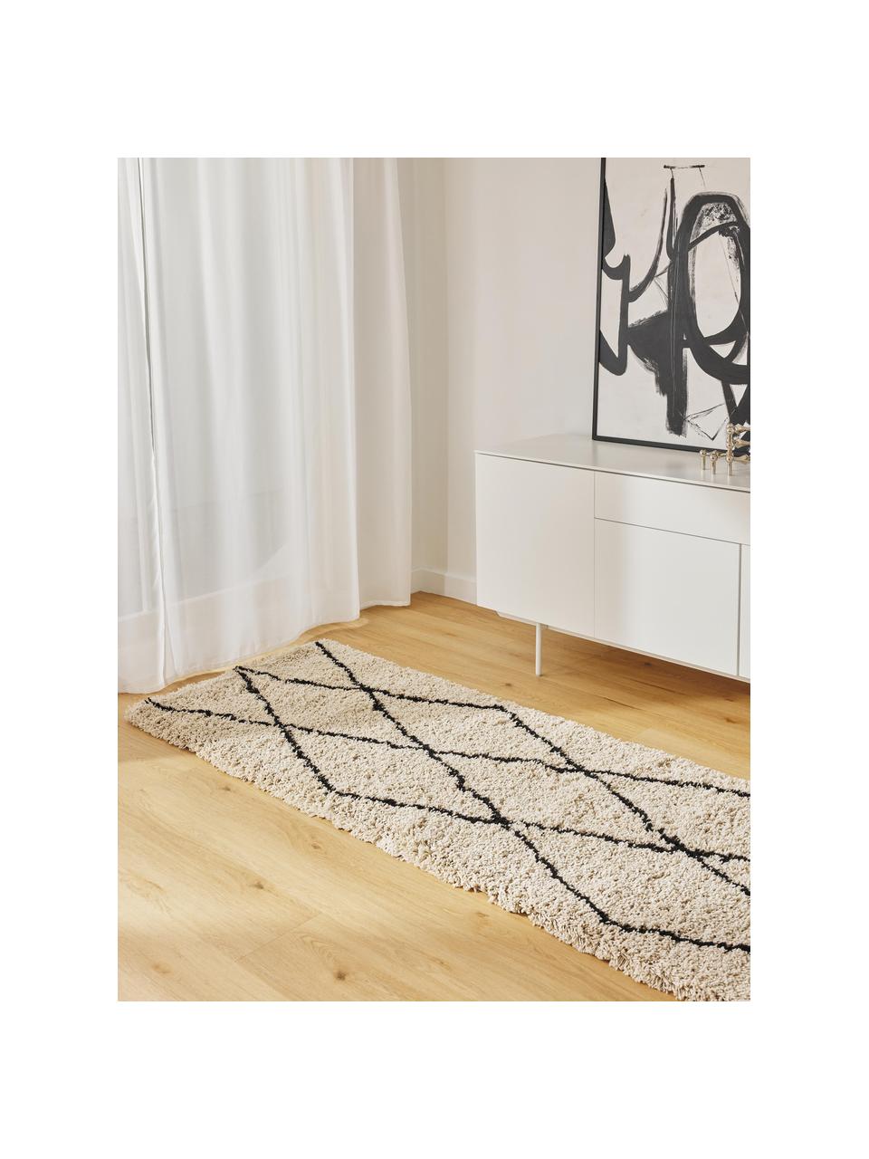 Flauschiger Hochflor-Läufer Naima, handgetuftet, 100 % Polyester, Beige, Schwarz, B 80 x L 200 cm